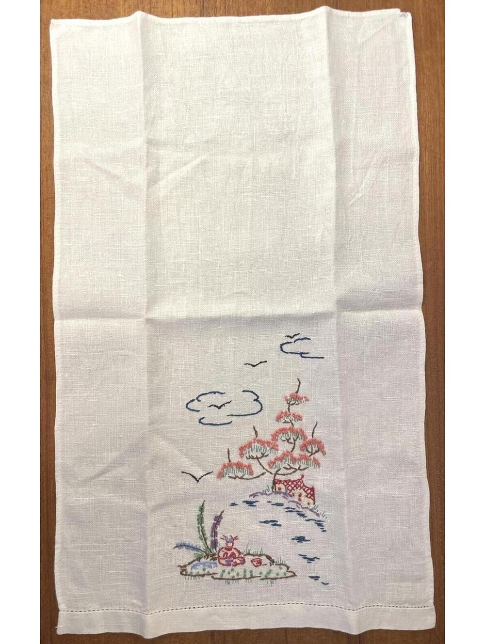 Vintage Linen Hand Towel Hand Embroidered Landscape Scene Mid Century